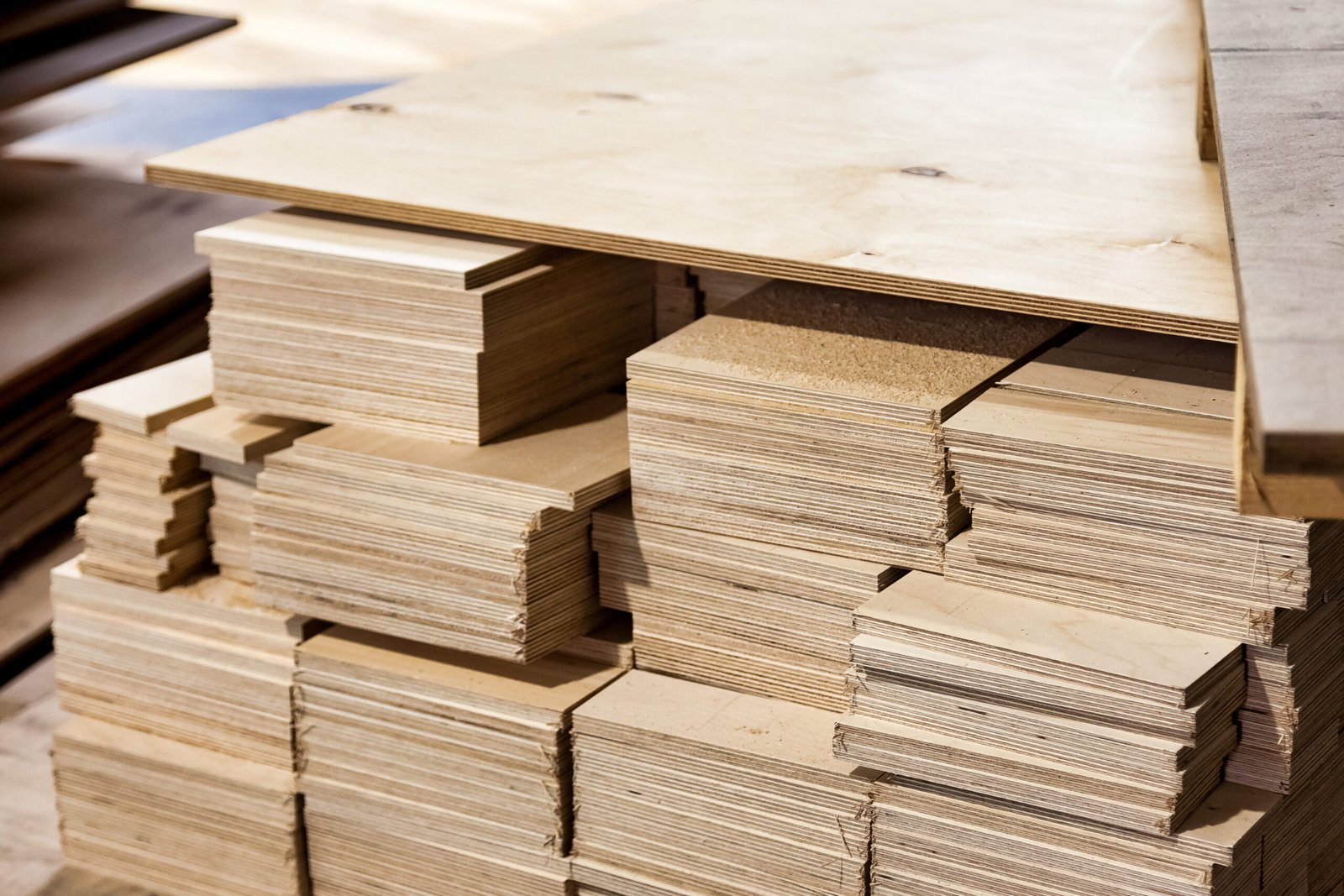 Stacks of plywood sheets are organized in a woodworking facility, showcasing various thicknesses and sizes.